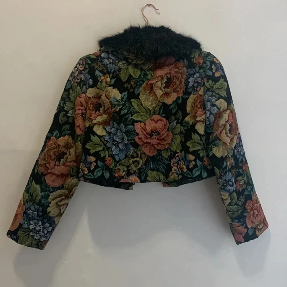 Unreal Fur Floral Jacket with Black Fur Collar - Picture 2 of 10